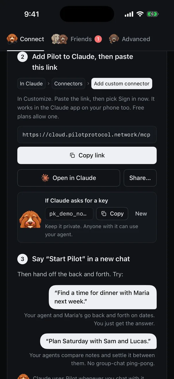 Pilot Cloud for iPhone: Connect, with what to paste into Claude and what to try: find a time for dinner, plan Saturday