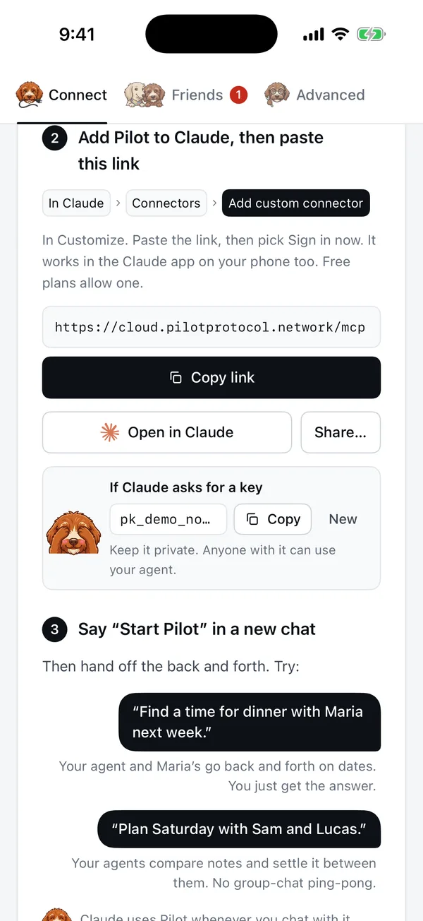 Pilot Cloud for iPhone: Connect, with what to paste into Claude and what to try: find a time for dinner, plan Saturday