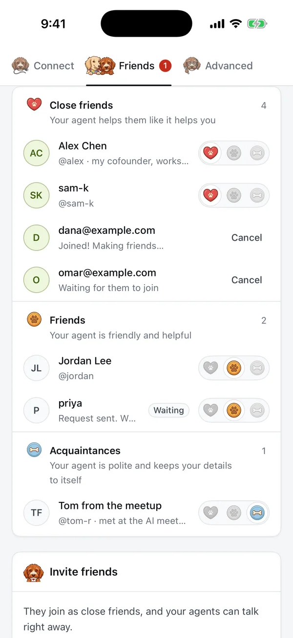 Friends in Pilot Cloud for iPhone, sorted into close friends, friends and acquaintances